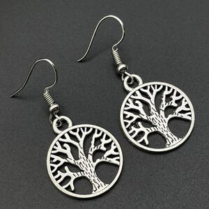 Silver Round Boho Style Intricate Tree of Life Dangling Drop Hook Earrings